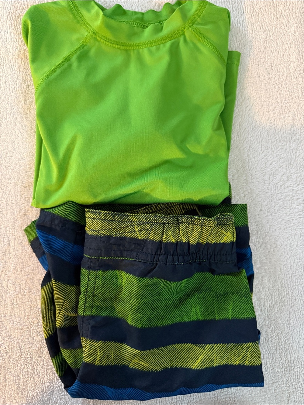 Columbia boy’s Neon Green Rash Guard with Striped Swim Shorts